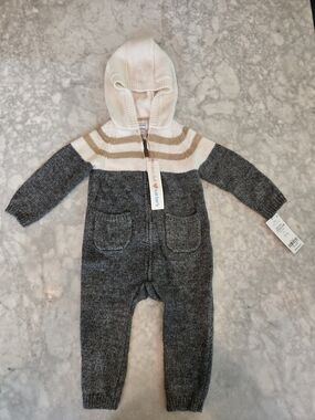 Carter's Hooded Knit Infant One-Piece in White, Tan & Gray